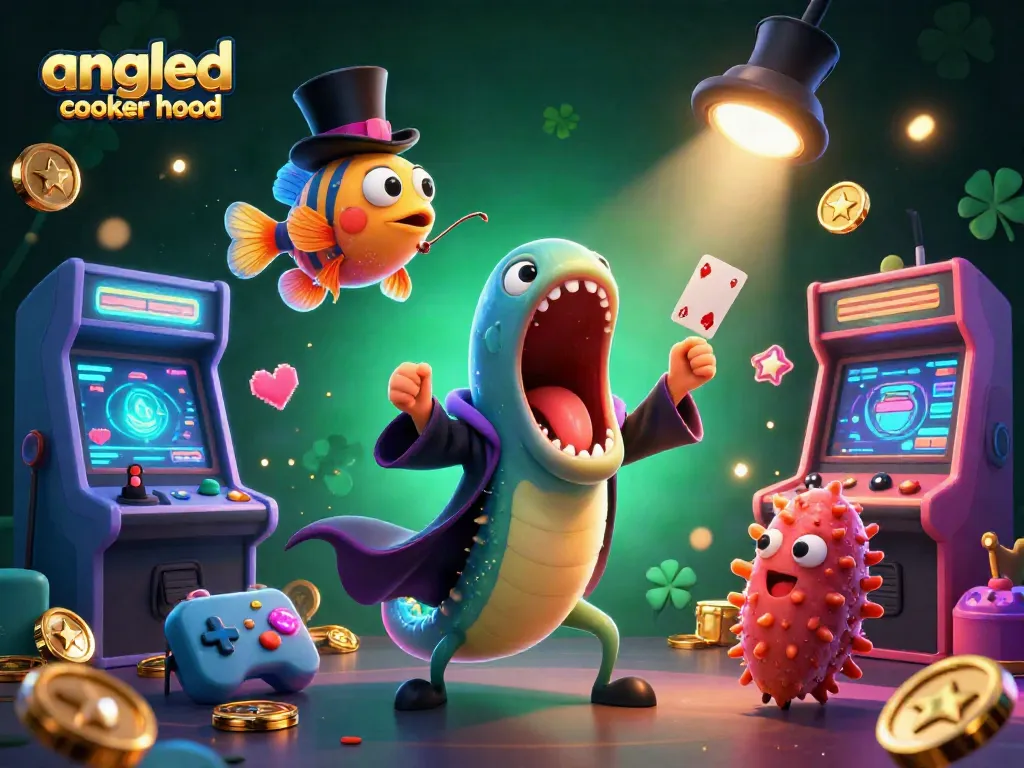 Experience an angled cooker hood action at our unique casino-themed illustration with lively characters and gaming elements.
