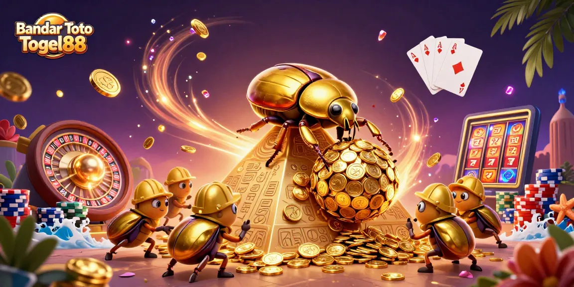 Unleash wins with Bandar Toto Togel88 as the golden beetle rolls coins in a vibrant casino setting.