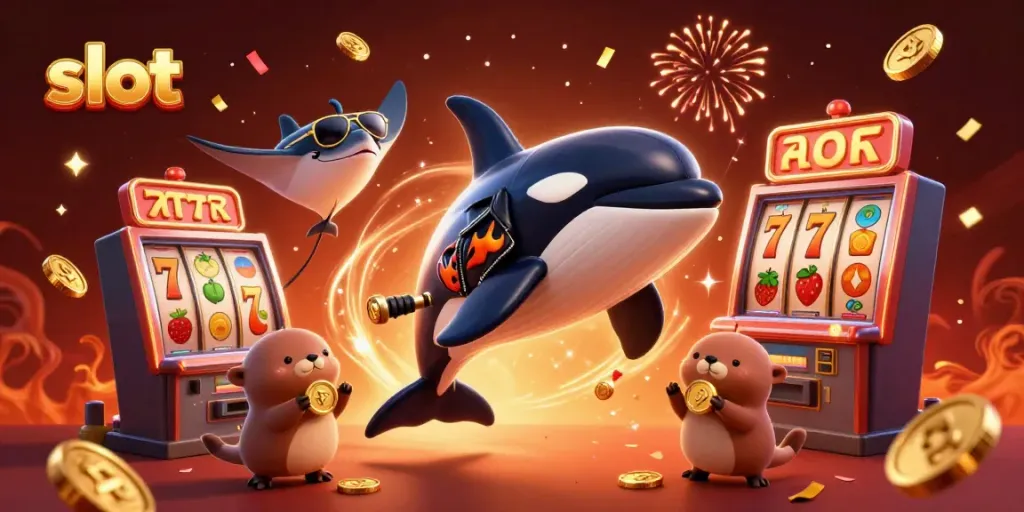 Slot yang menampilkan paus orca, ikan pari, dan berang-berang laut dengan koin emas dalam suasana kasino.