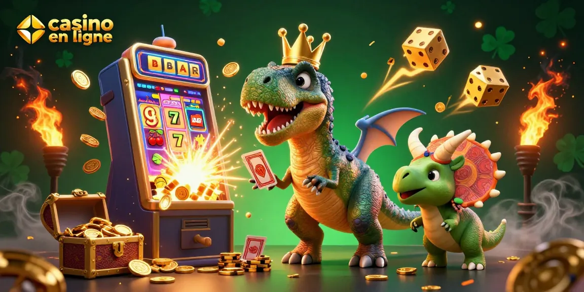 Jouez sur un casino en ligne avec un T-Rex ludique et ses amis dans une scène colorée et dynamique.
