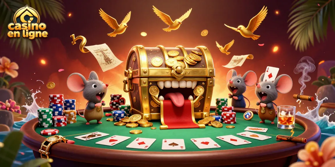 Plongez dans les jeux de casino en ligne avec une illustration captivante de trésors et d'aventuriers.