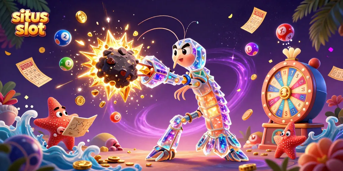 Situs slot excitingly showcased with a galactic mantis shrimp surrounded by colorful games, emphasizing fun and winnings