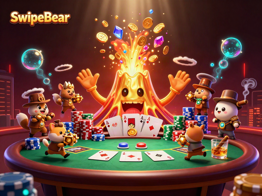 SwipeBear showcases a golden volcano erupting coins, dazzling poker elements in a vibrant casino scene.