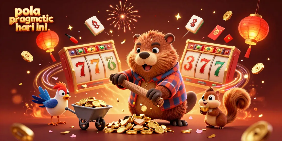 Pola pragmatic hari ini showcases a vibrant scene of a cartoon beaver and friends celebrating with golden coins in a festive online casino atmosphere.