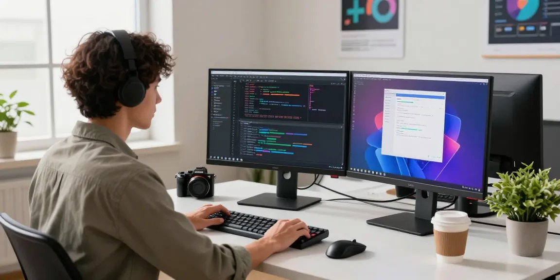 Developer using 纸飞机中文版 on dual monitors in a modern workspace, showcasing coding and application design.