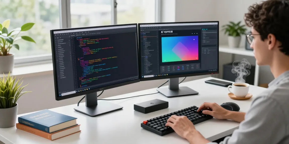 Focused developer coding the 纸飞机中文版 app on dual monitors in a modern workspace.