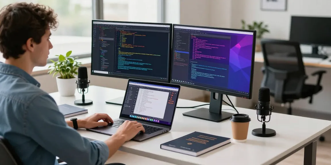 Workspace at https://berita.akasta.ac.id/ showcasing a software engineer coding at dual monitors in a bright, modern office.