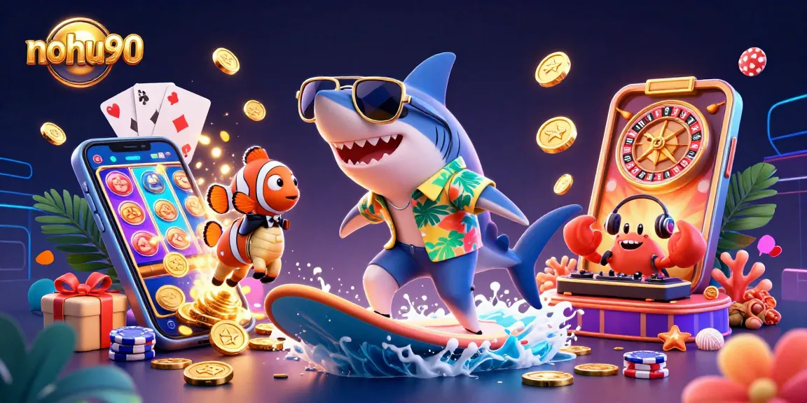 Join the nohu90 gaming adventure with a fun shark and seahorse in a vibrant casino scene!