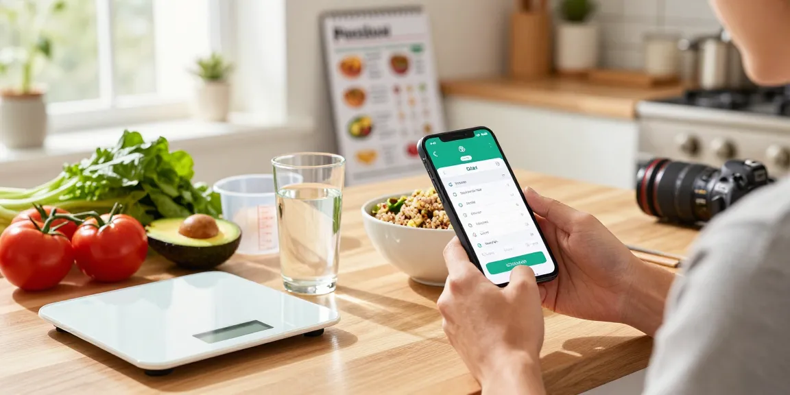 Using the best AI calorie tracker in a modern kitchen for meal prep with fresh ingredients and a smartphone.