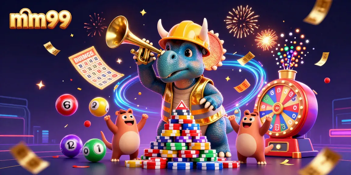 Engaging mm99 scene with lively characters celebrating casino gaming, dynamic lottery elements, and festive atmosphere.