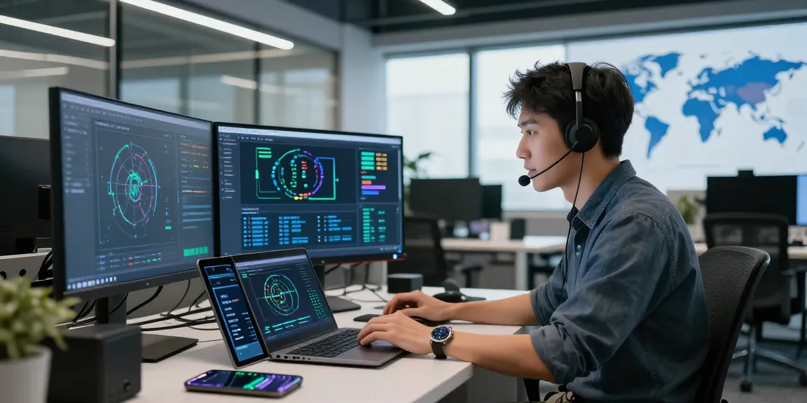 Network engineer focused on optimizing 快连's global server performance in a modern tech office.