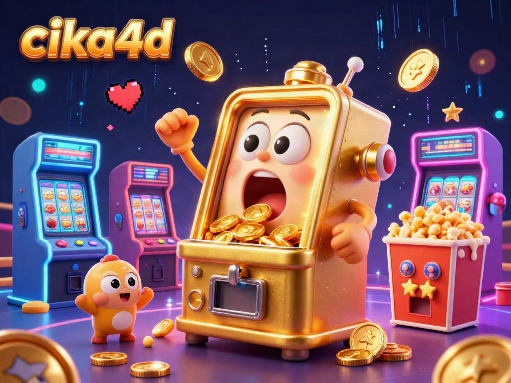 Cika4d's animated slot machine triumphs, showering coins in a lively casino game scene.