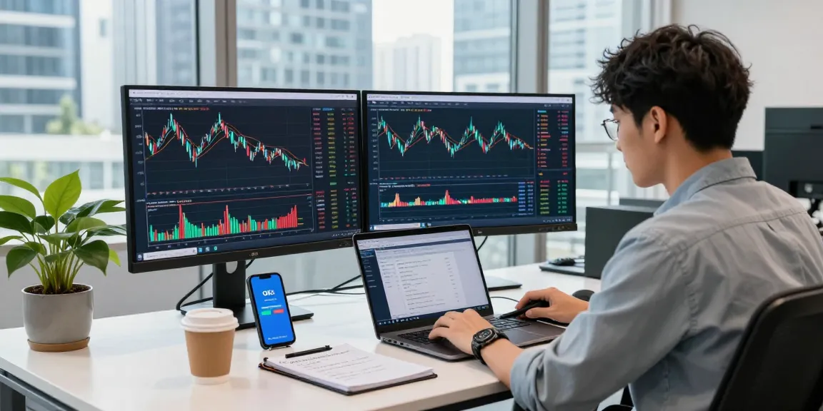 OKX Exchange reviews analysis by a crypto trader in a modern office.