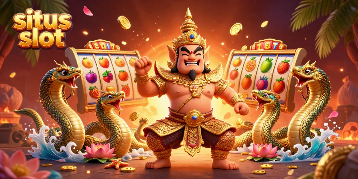Experience the vibrant excitement of situs slot with a guardian and Naga serpents in a festive gaming scene.