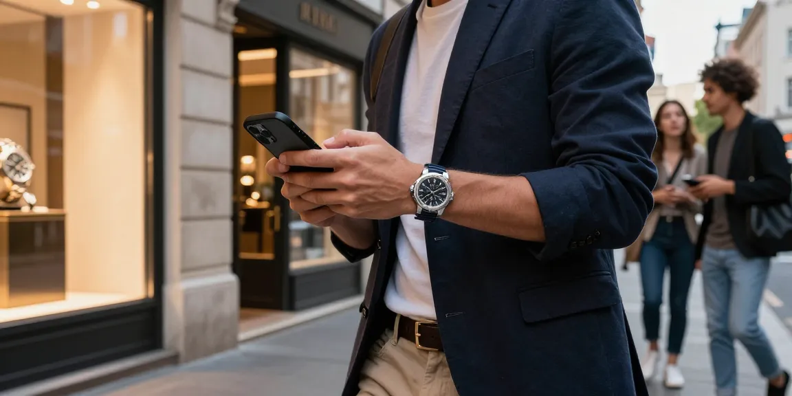 Fashionable individual showcasing a luxurious clone watch in an urban setting, blending style and technology.