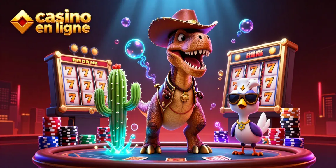 Accédez à un casino en ligne avec un T-Rex cartoon, accompagné d'un cactus et un oiseau, tout en jouant aux machines à sous.