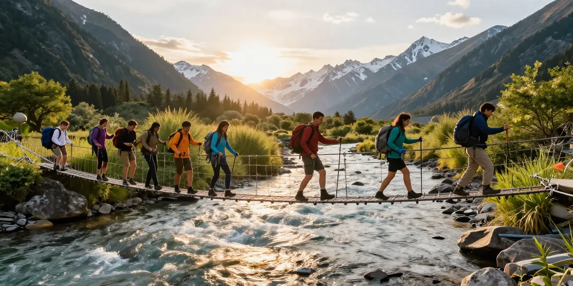 Group of friends joyfully crossing a River Rope Bridge over a scenic river during sunset, showcasing adventure and nature.