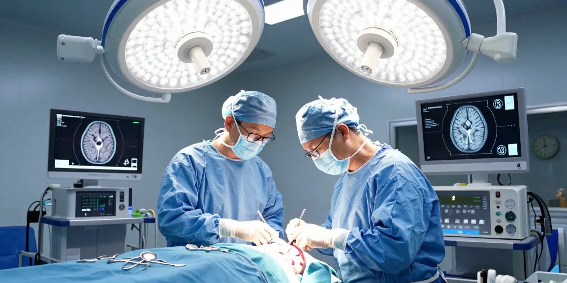 Brain surgery in progress, showcasing advanced techniques and dedicated team during a critical medical procedure.