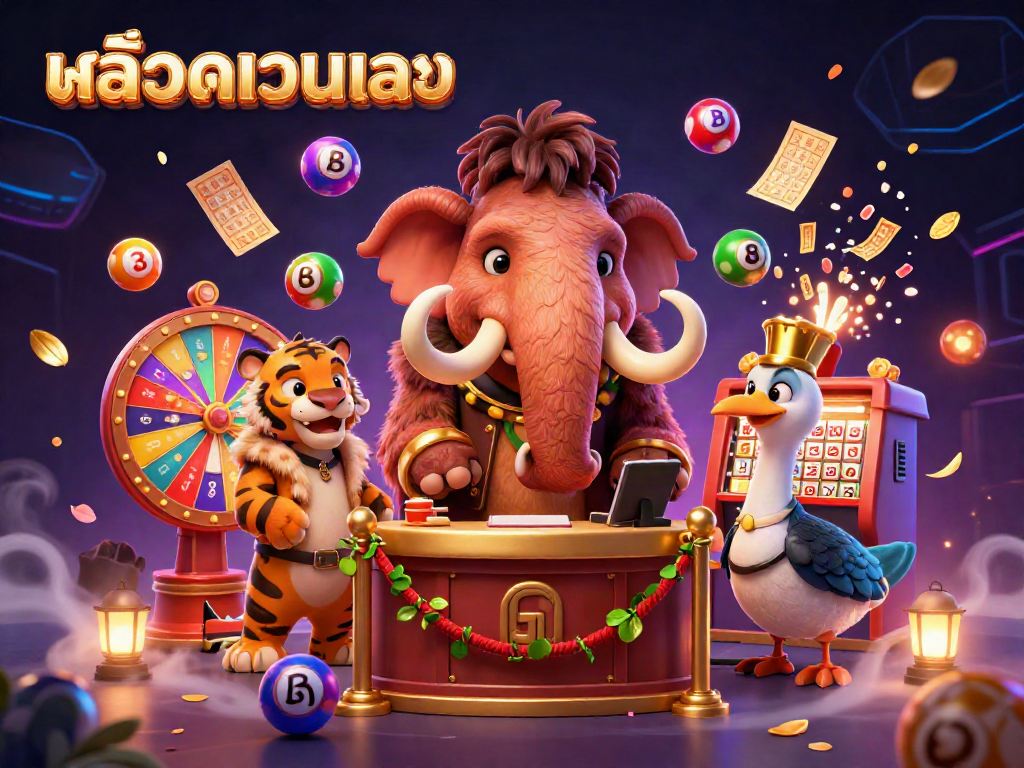 Experience the thrill of สล็อตเว็บตรง with a vibrant 3D illustration of a mammoth bouncer, tiger guest, and dynamic gaming elements.