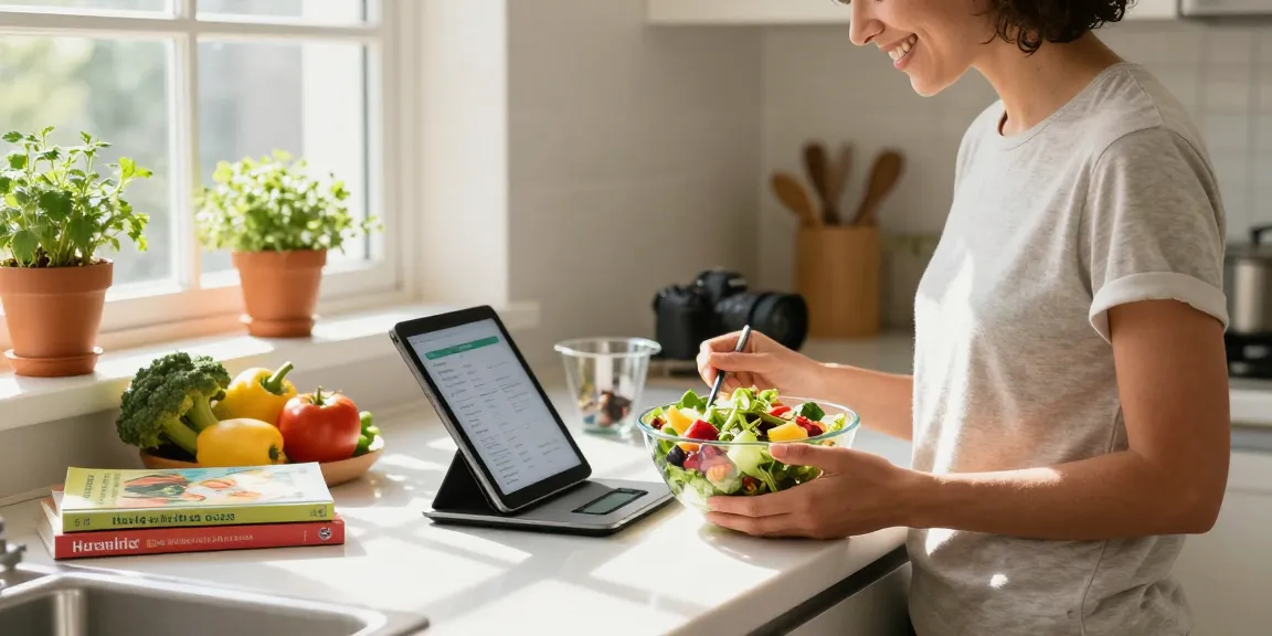 Engaged user logging meals with the best calorie tracker in a bright kitchen, surrounded by fresh ingredients.