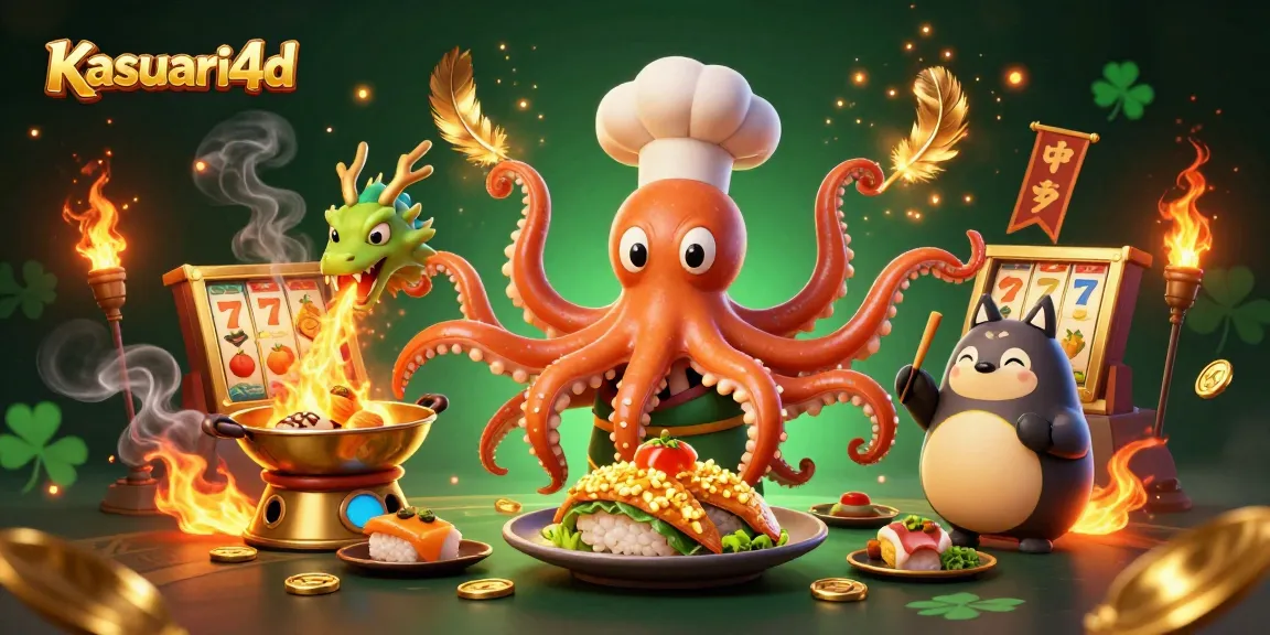 Kasuari4d menampilkan ilustrasi 3D koki sushi gurita yang sibuk memasak hidangan emas dalam suasana kasino, penuh dengan iringan koin dan simbol slot.