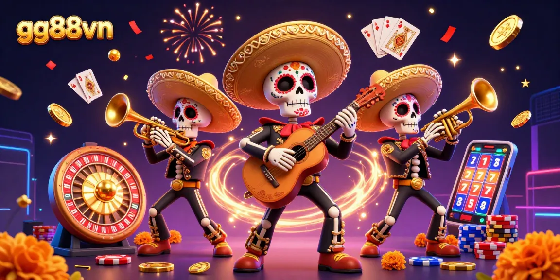 Engage with gg88vn's vibrant casino scene featuring a lively mariachi band amidst dynamic gaming elements.