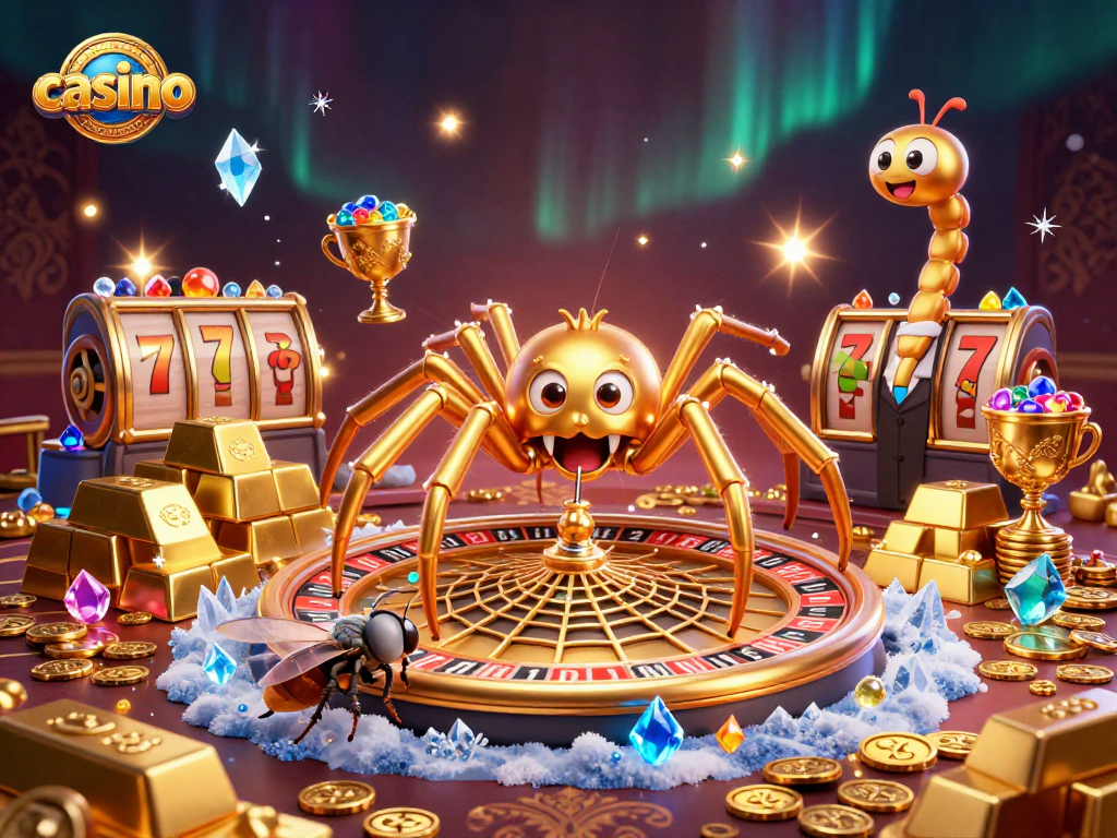 Engage in dynamic casino action as a fly places bets while a golden spider and centipede croupier oversee a roulette wheel.