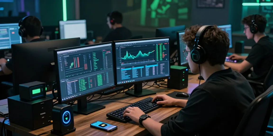 Individual analyzing CVV shop transaction data at a cyber café, surrounded by tech gear and security devices.