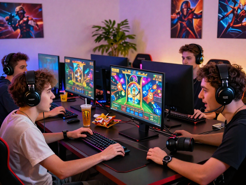 Players immersed in a situs888 gacor online gaming session, surrounded by gaming gear in an energized atmosphere.