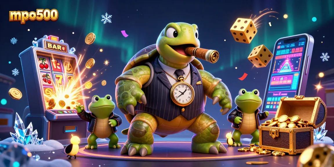 Engage with mpo500 through vibrant casino action featuring a snapping turtle, bullfrog enforcers, and jackpot excitement.