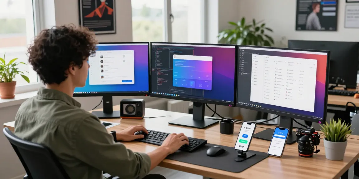 Developer creating features for 纸飞机中文版 in a modern tech workspace with multiple screens.