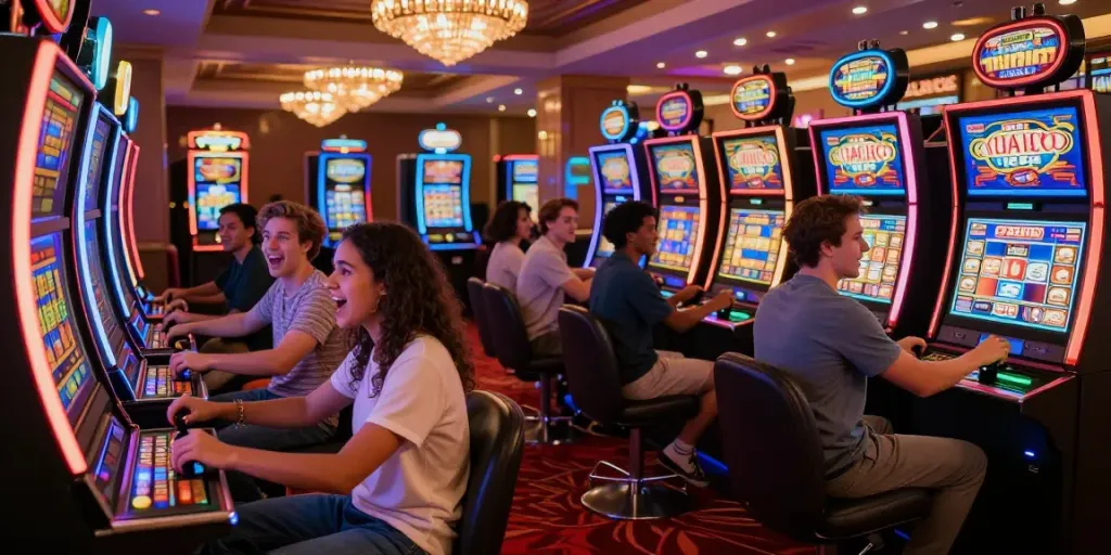 Friends enjoying an exciting night at slot gacor machines with vibrant lighting.