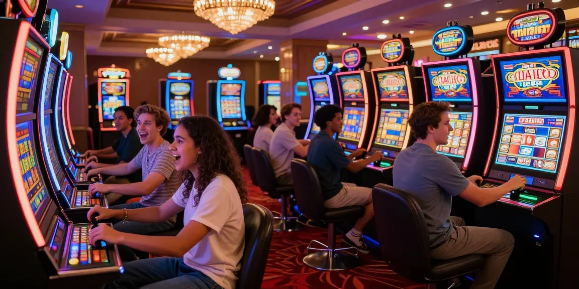 Friends enjoying an exciting night at slot gacor machines with vibrant lighting.