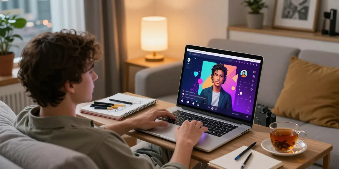 Engaging NSFW AI chat experience with a vibrant digital persona on a cozy couch