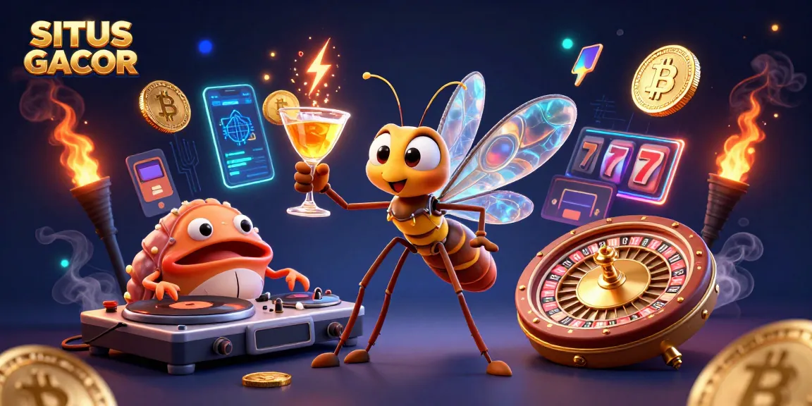 Experience the excitement of SITUS GACOR with a vibrant casino-themed 3D illustration showcasing a unique mosquito mascot and thrilling game elements.