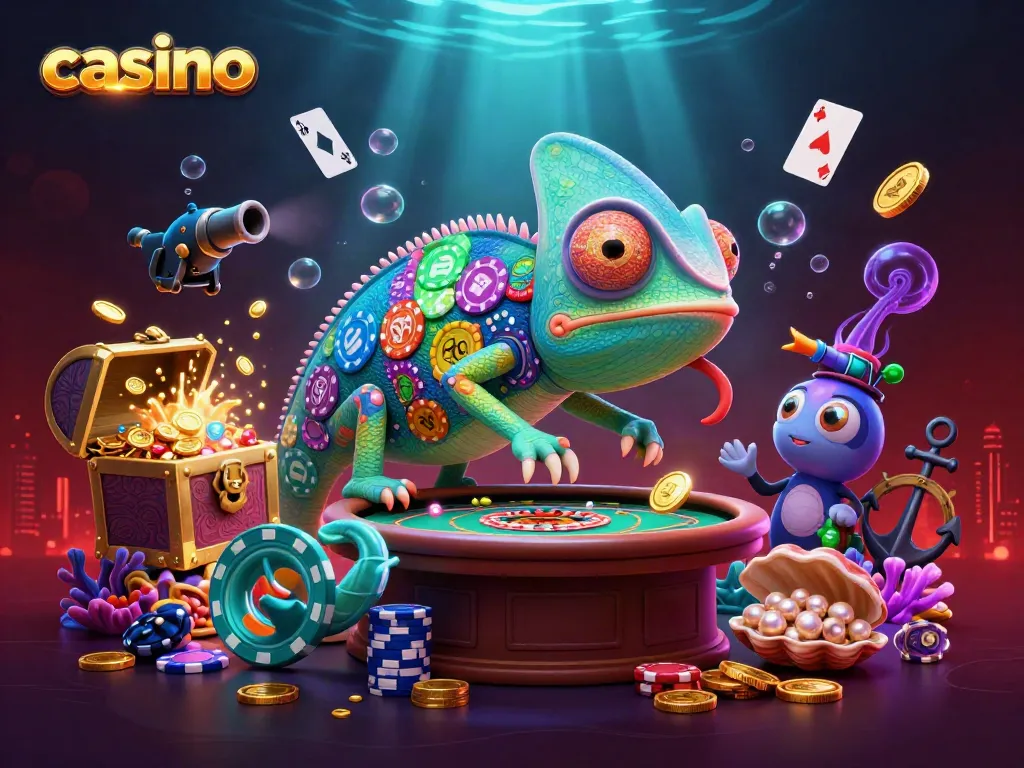 Experience the vibrant casino scene with a chameleon owner snapping golden coins, surrounded by dynamic elements.
