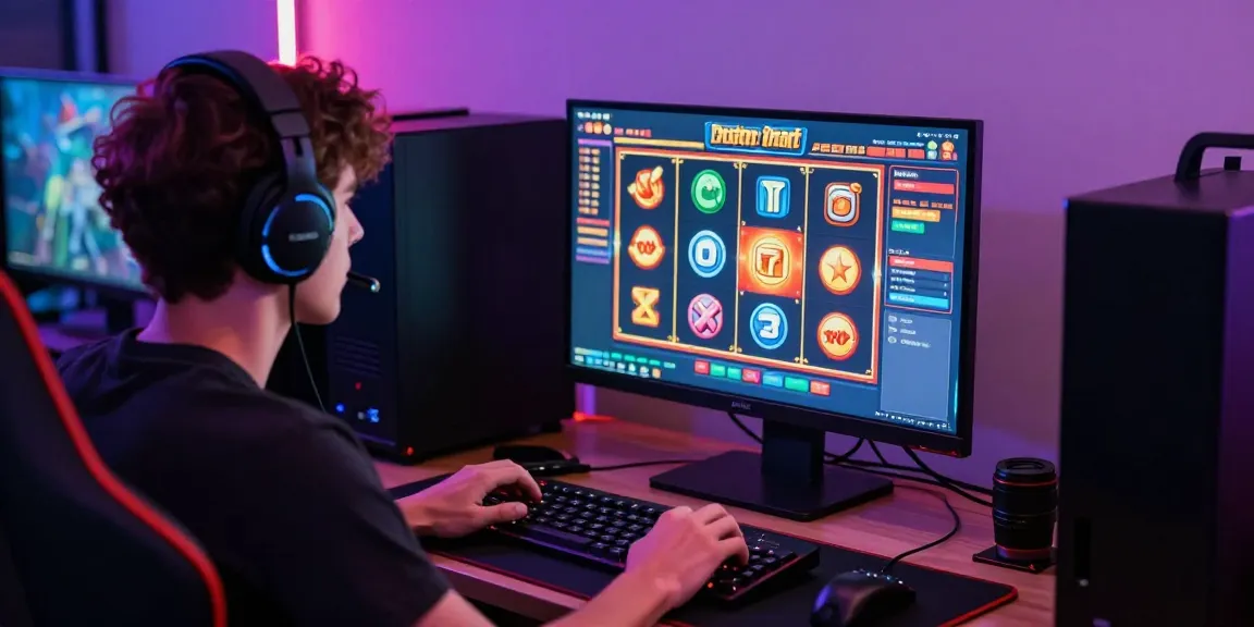Pengguna bermain slot777 di komputer dengan suasana pencahayaan LED cerah dan aksesori gaming.