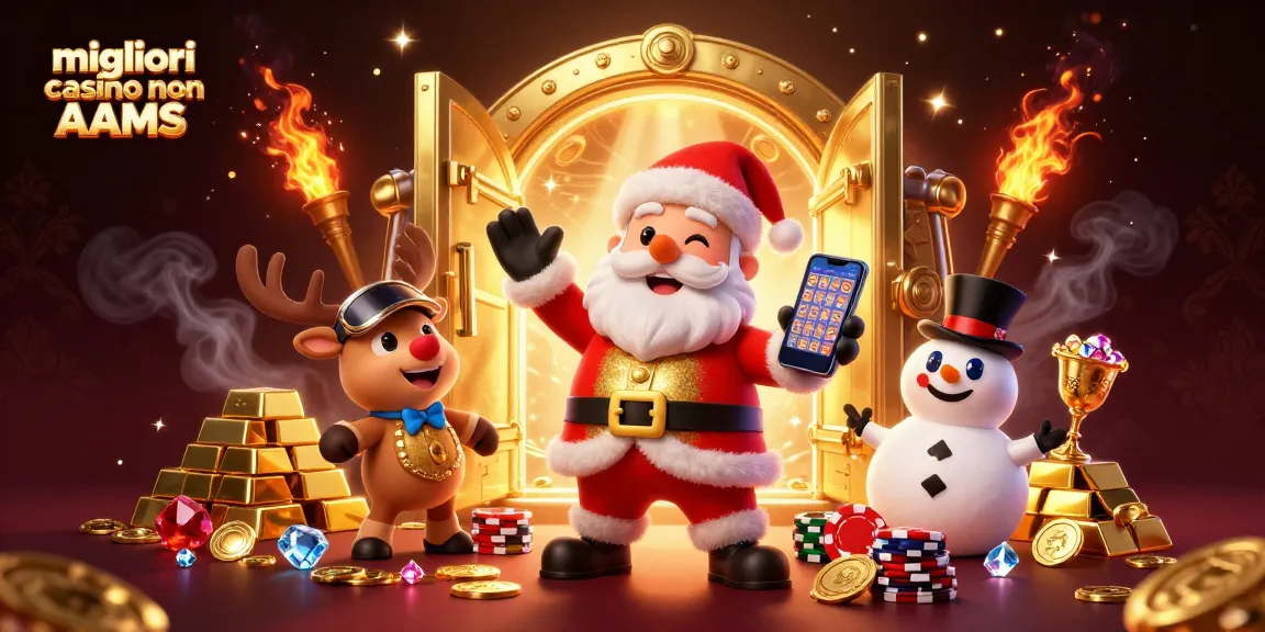 Scopri i migliori casino non AAMS con l'illustrazione di Babbo Natale e i suoi amici sullo sfondo dorato.