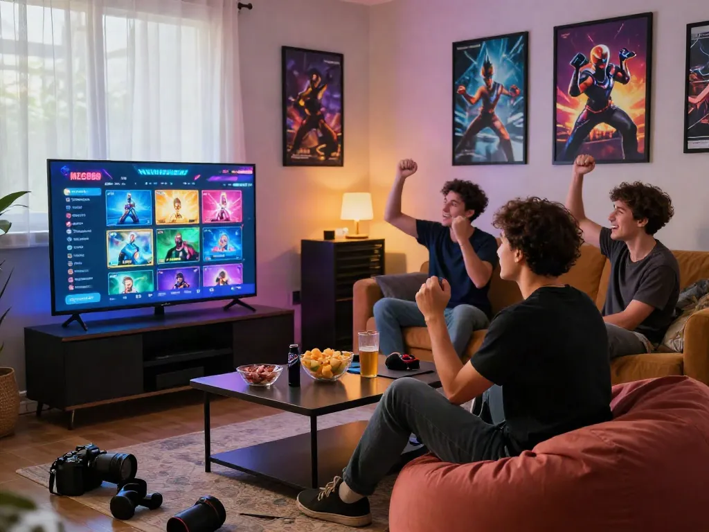 Exciting gaming scene with friends playing MEGA888, snacks on the table, vibrant room.