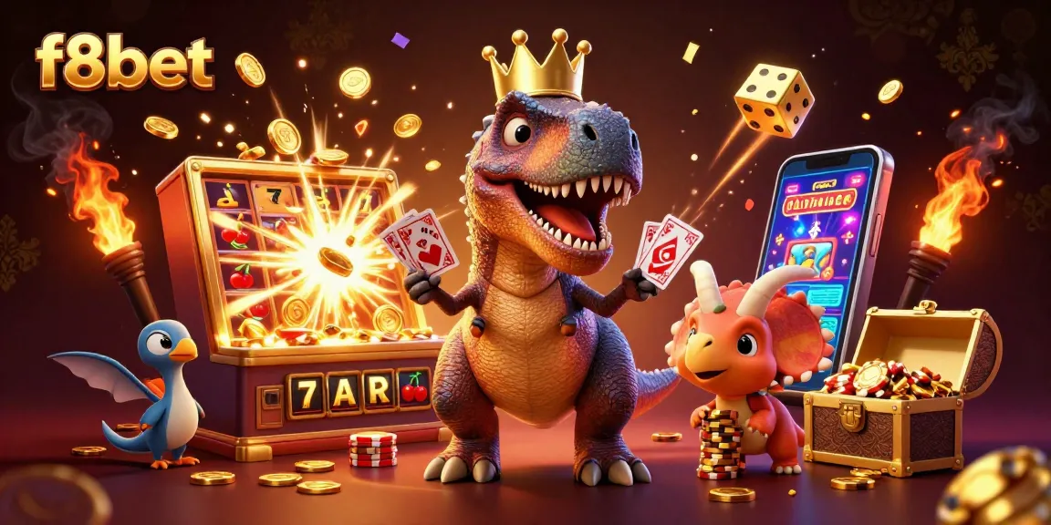 Experience the excitement of f8bet with a vibrant 3D casino scene featuring animated dinosaurs and slot machines.