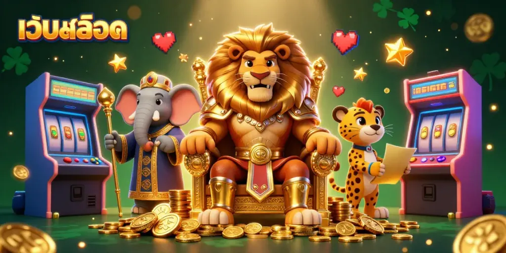 Engaging casino scene with เว็บสล็อต, featuring a lion king on a gold throne, flanked by an elephant and cheetah amidst vibrant gaming elements.