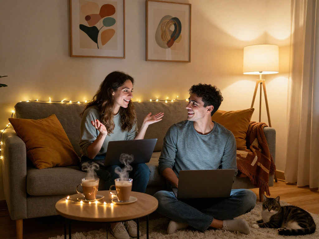 Couple engaging in free ai sex chat, cozy living room with laptops and warm ambiance