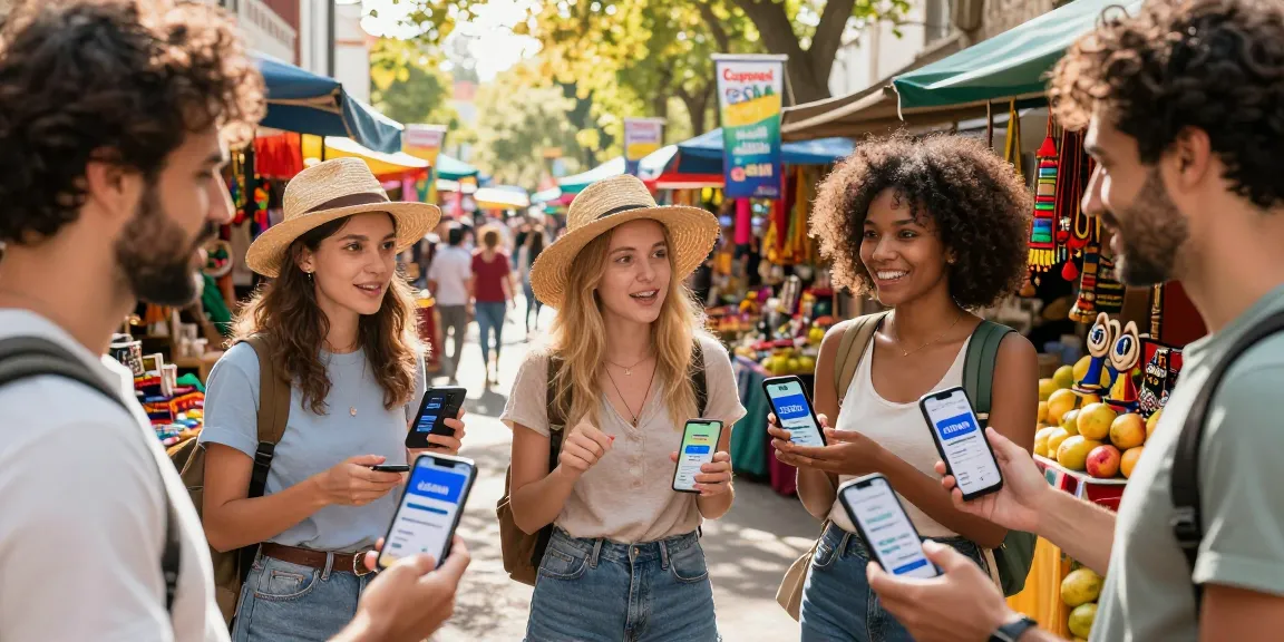 Travelers discovering Cupones eSIM in a vibrant market, comparing plans.