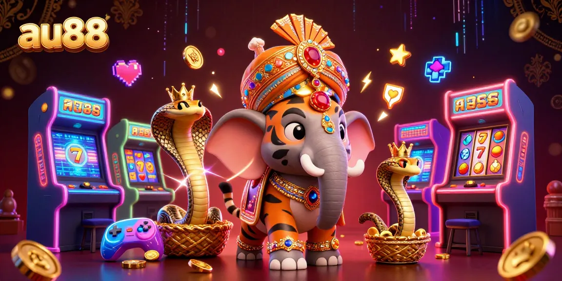 Engage with au88's vibrant gaming scene featuring a cartoon maharaja, elephant, and dynamic slot elements.