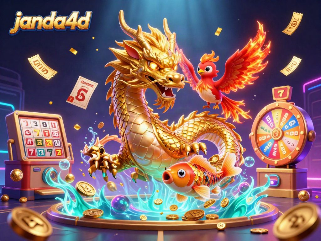 Permainan seru slot online di JANDA4D dengan naga emas, burung phoenix, dan koin berjatuhan yang mengasyikkan.
