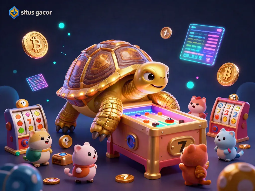 Experience situs gacor gaming with a vibrant 3D scene showcasing a colossal tortoise pinball machine surrounded by cheerful animals and colorful slot symbols.