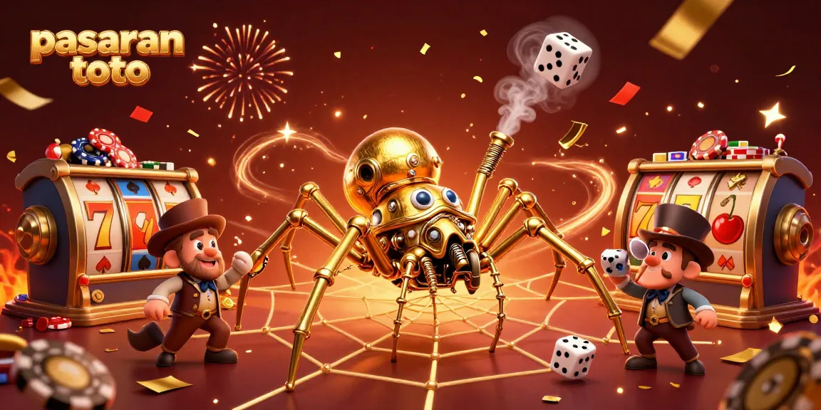 Experience pasaran toto through an exciting scene of a golden spider capturing dice with festive casino elements.