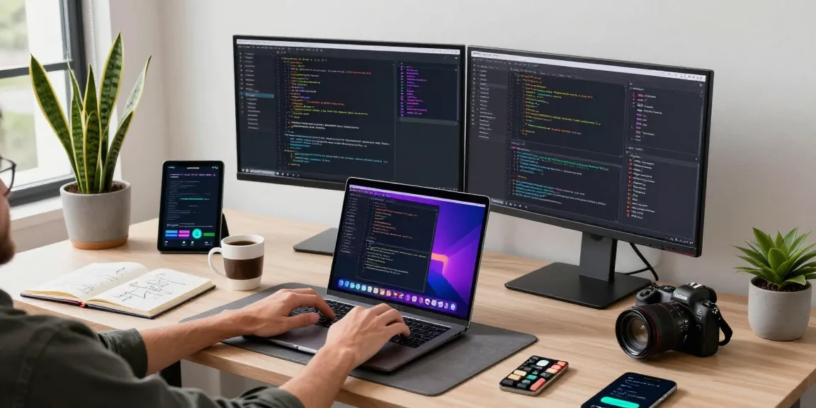 Developer using an AI image generator at a modern tech workspace, highlighting coding on dual monitors and innovative gadgets.