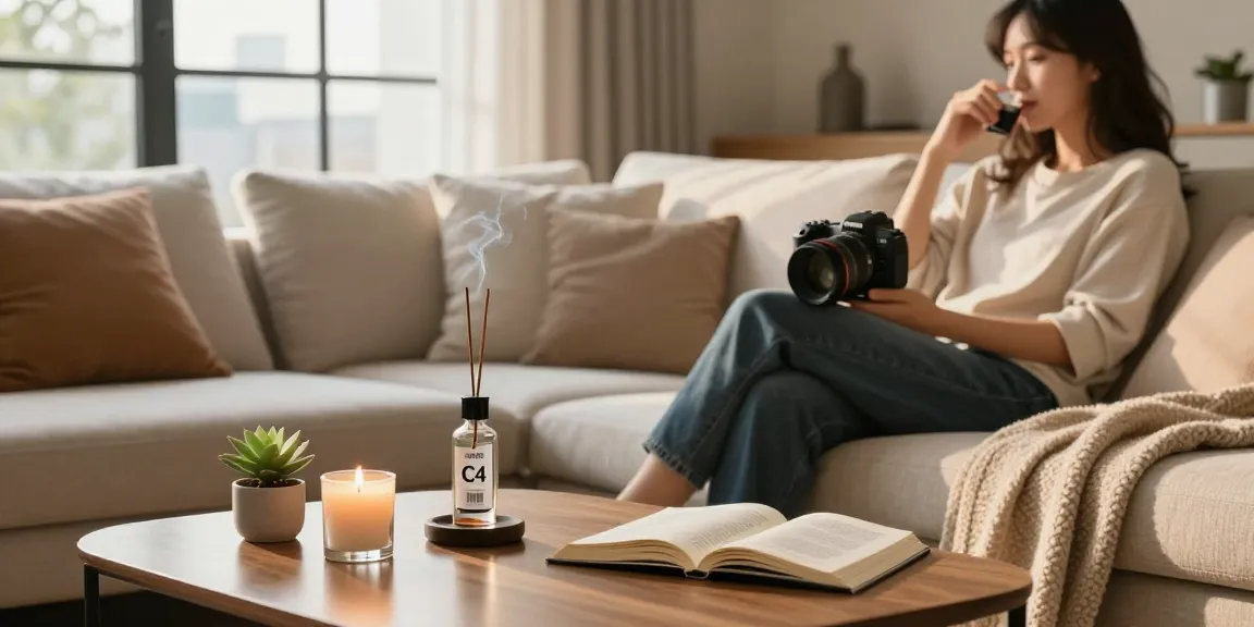 C4 liquid incense review set in a cozy living room showcasing relaxation with aromatic elements.