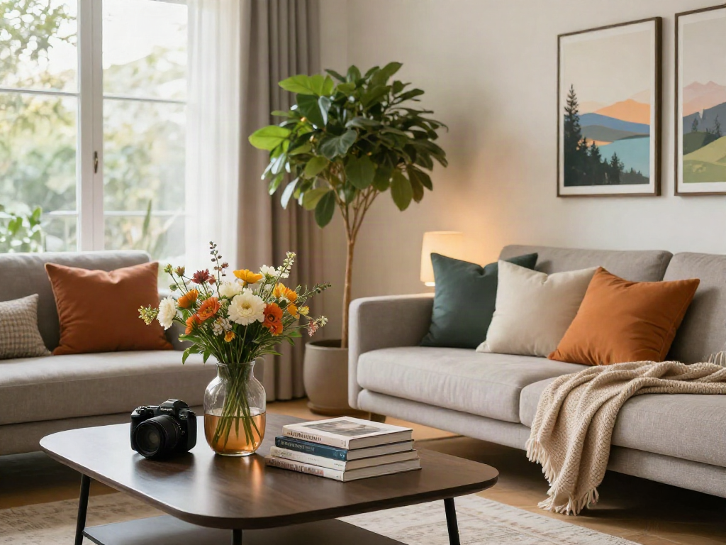 Stylish living room inspired by rokok88 super decor trends featuring vibrant cushions and fresh flowers creating a cozy atmosphere.